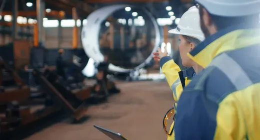 Two workers in yellow and navy hi-vis jackets and white hard hats in a fabrication hall; one points toward a large pipe section.